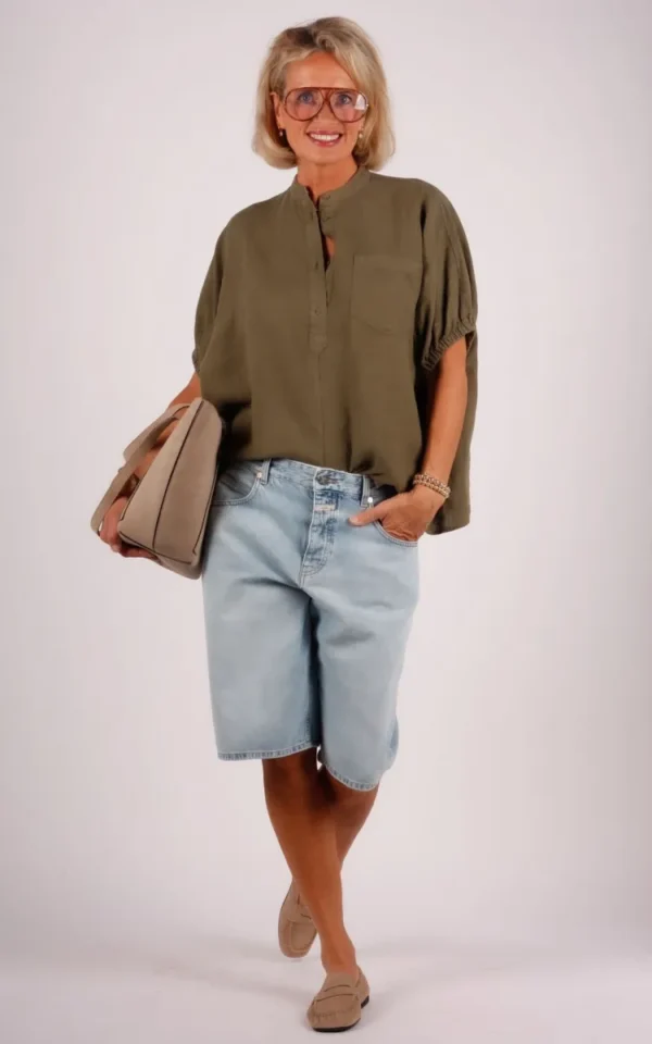 SoSUE Sosue linnen blouse Cowboy button KM olijf