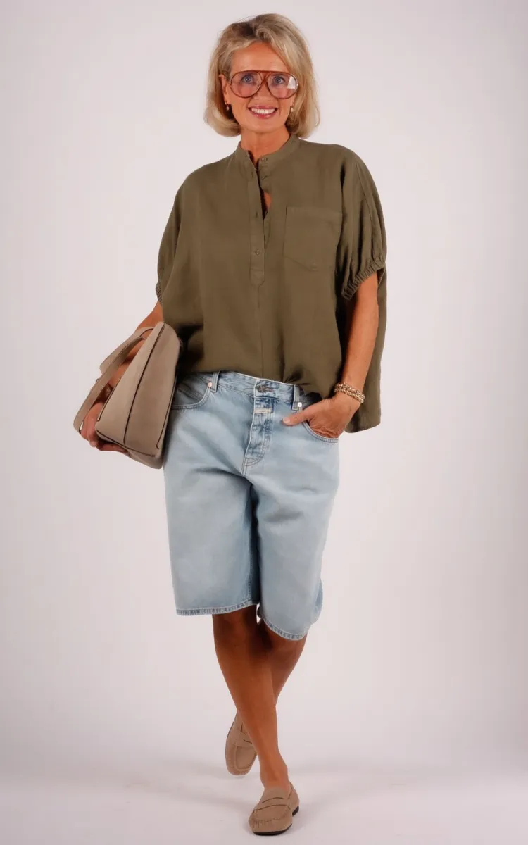 sosue-cowboy-button-km-olijf SoSUE Sosue linnen blouse Cowboy button KM olijf
